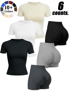 Women's Sporty Plain Suit, High-Waisted Comfortable Shorts & Quick-Dry T-Shirt Set, Ideal for Gym & Daily Wear, Four-Season Fashion