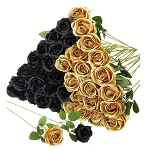 5pcs Black & Golden Artificial Rose Bouquet, Home Decoration Bouquet, with Realistic Long Stems, Bridal, Valentine's, Mother's Day, Durable Plastic Roses for DIY Arrangements, Parties, Home Decor, Floral Garland, Artificial Mixed Flower