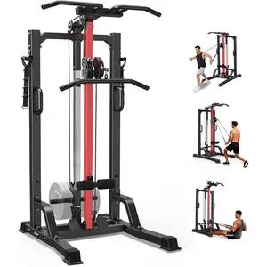 Pull Up Bar Power Tower Dip Station,Cable Machine-Integrated 450LBS Multi-Function Adjustable Height Fitness Strength Training Equipment for Home Gym