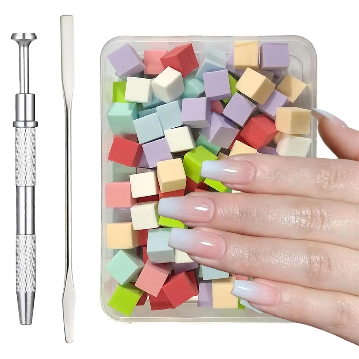 100pcs Nail Sponges for Ombre,Ombre Nail Brush With Grabbing Pen and Stainless Steel Mixing Stick,Soft Nail Art Sponges,Nail Design Tools for Professional and Beginner Manicure Salon (Mix Color)
