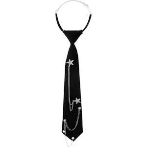 Womens Black Tie, Pre-Tied Womens Tie with Metal Chain Accessories Adjustable Reusable 13in x 2.64in/33cm x 6.7cm Necktie for Business and Wedding