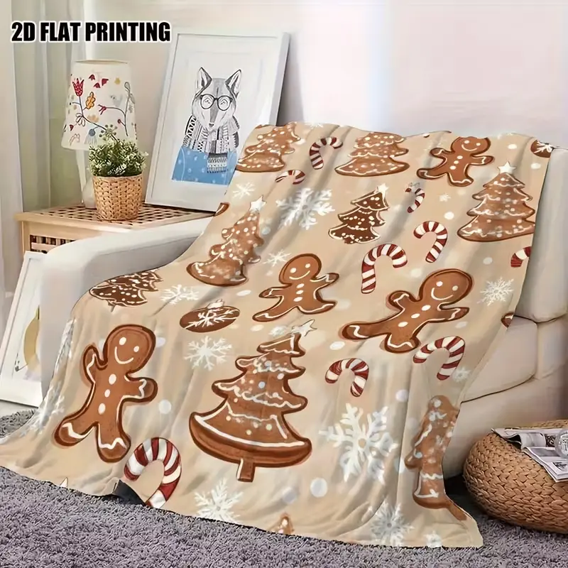 Gingerbread Christmas Flannel Throw Blanket Lightweight All Season Soft Warm for Home Sofa Car Travel Cozy Holiday Decor Gingerbread Men Snowflakes Candy Canes Beige Brown White Red Gray Black Gift Idea Home Decorators Plaid, Cozy Look, Holiday Print, Hom