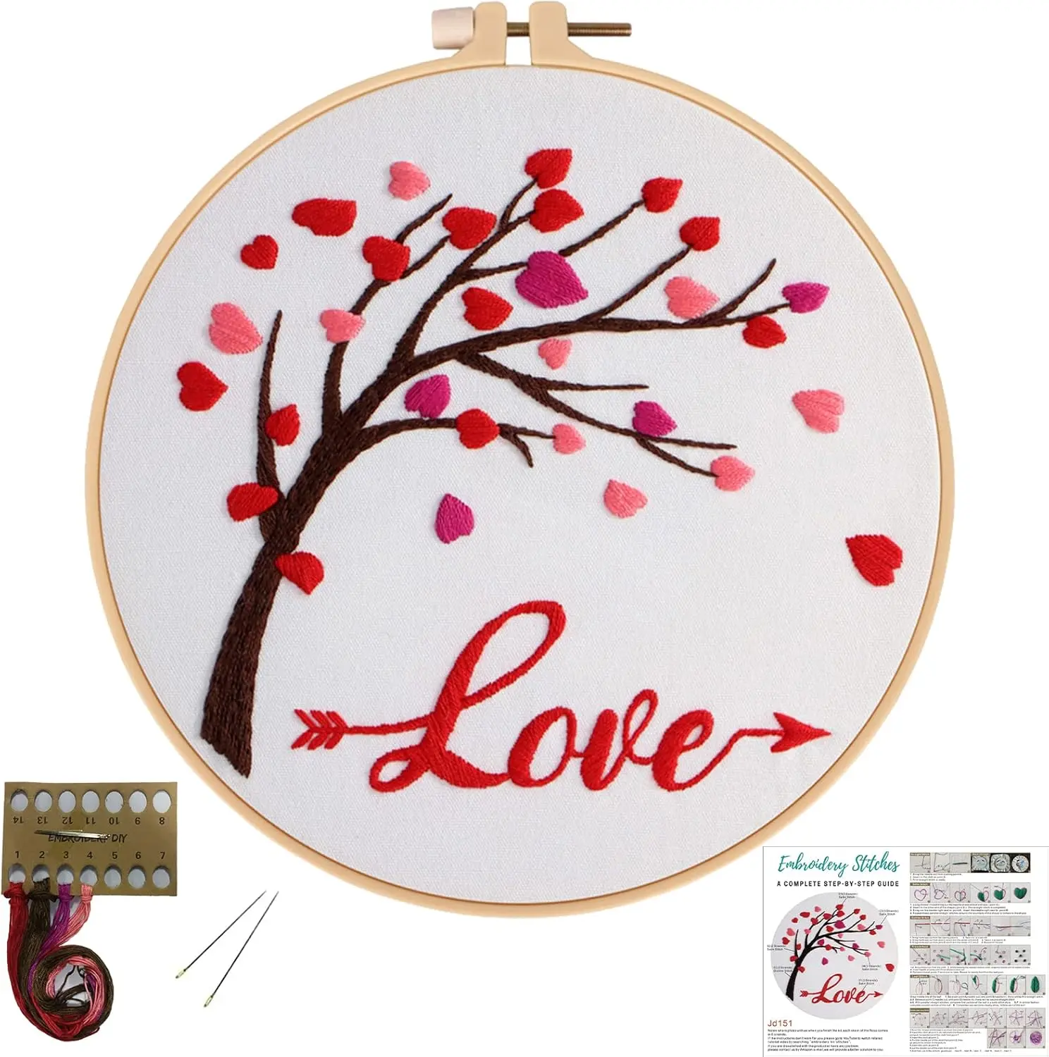 Love Heart Tree Beginners Embroidery Kits,Cross Stitch Starter Kit for Adults Including Cloth with Lovers  Hoop  Instruction and Threads