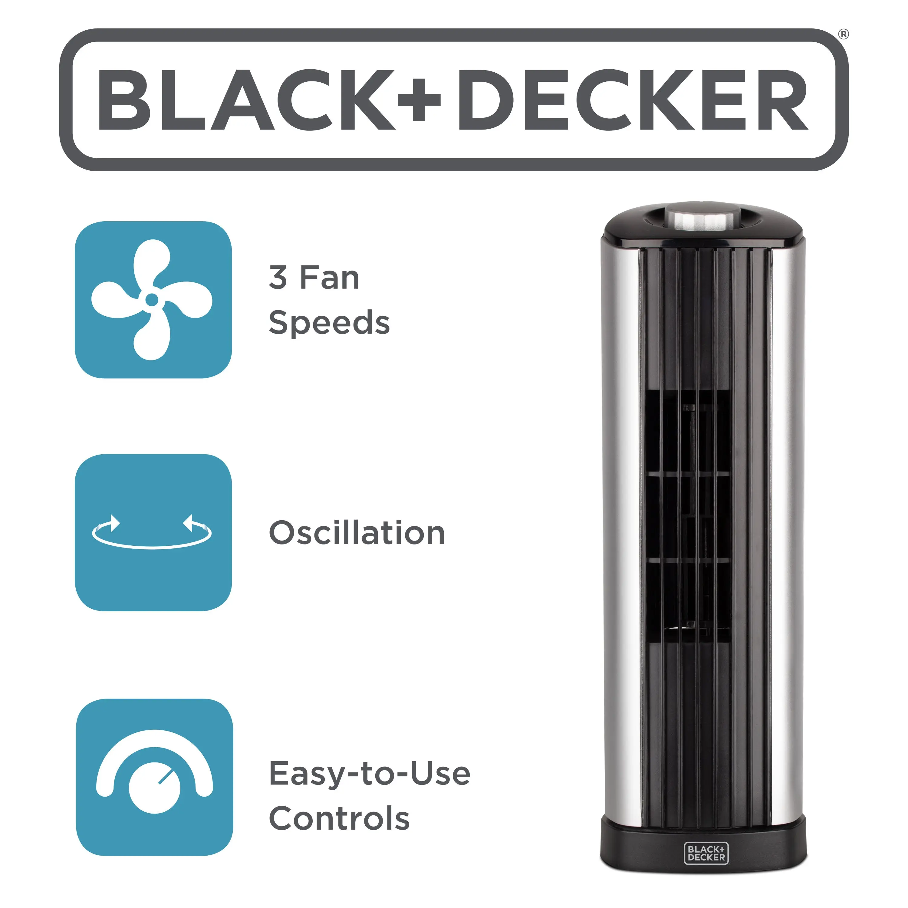 BLACK+DECKER 14-Inch Mini Oscillating Portable Tower Fan, Desk Fan with 2 Speed Settings, Simple Dial Control, Ideal for Desktop or Bedrooms, BFT114, Black/Silver