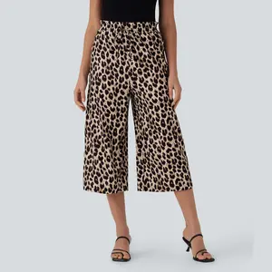Halara High Waisted Drawstring Leopard Print Wide Leg Capri Casual Pants with Side Pockets