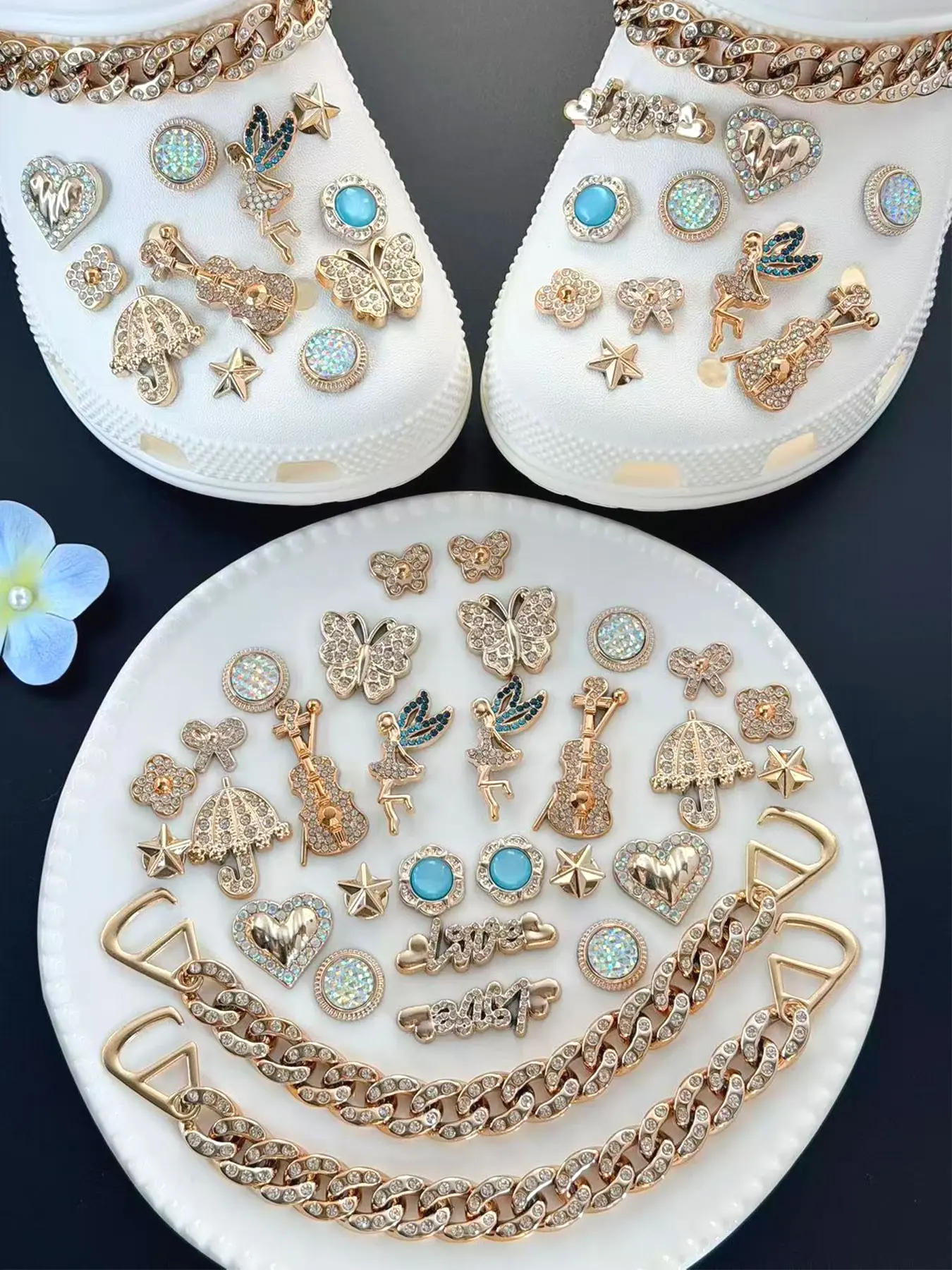 Rhinestone Butterfly Violin Angel Girl Hole Shoes Flower Set, Shoe Embellishment Set, Full Diamond Gold Chain Shoe Decor, Women Summer Trend Accessories, Shoe Charms, Cute Shoe Decorations, Decorative Shoe Accessories