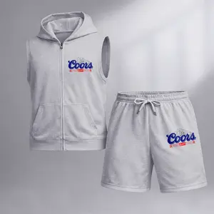 Men's Rocky Mountain Cold Beer Graphic Sleeveless Hoodie Shorts Set 2 Piece Outfit Print Zip Up Hooded Vest Drawstring Shorts Summer Casual Gym Workout Streetwear Breathable Lightweight Athletic Lounge Set