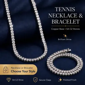 5A CZ Tennis Chain Necklace or Bracelet for Men Women, Copper Base Silver Tone Iced Out Jewelry, Gift Box Included outdoorfun