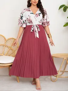 Middle East Plus Size Summer New V Neck Short Sleeve Printed Knee Length Slim Fit Waist Tie Flared Long Skirt Maxidresses
