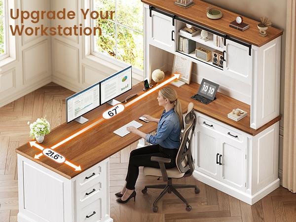 SEDETA 67" Farmhouse L Shaped Desk with Hutch, Executive Home Office Desks with 4 Drawers & Storage Cabinet, Corner Computer Desk with Sliding Doors, File Drawer & Power Outlet