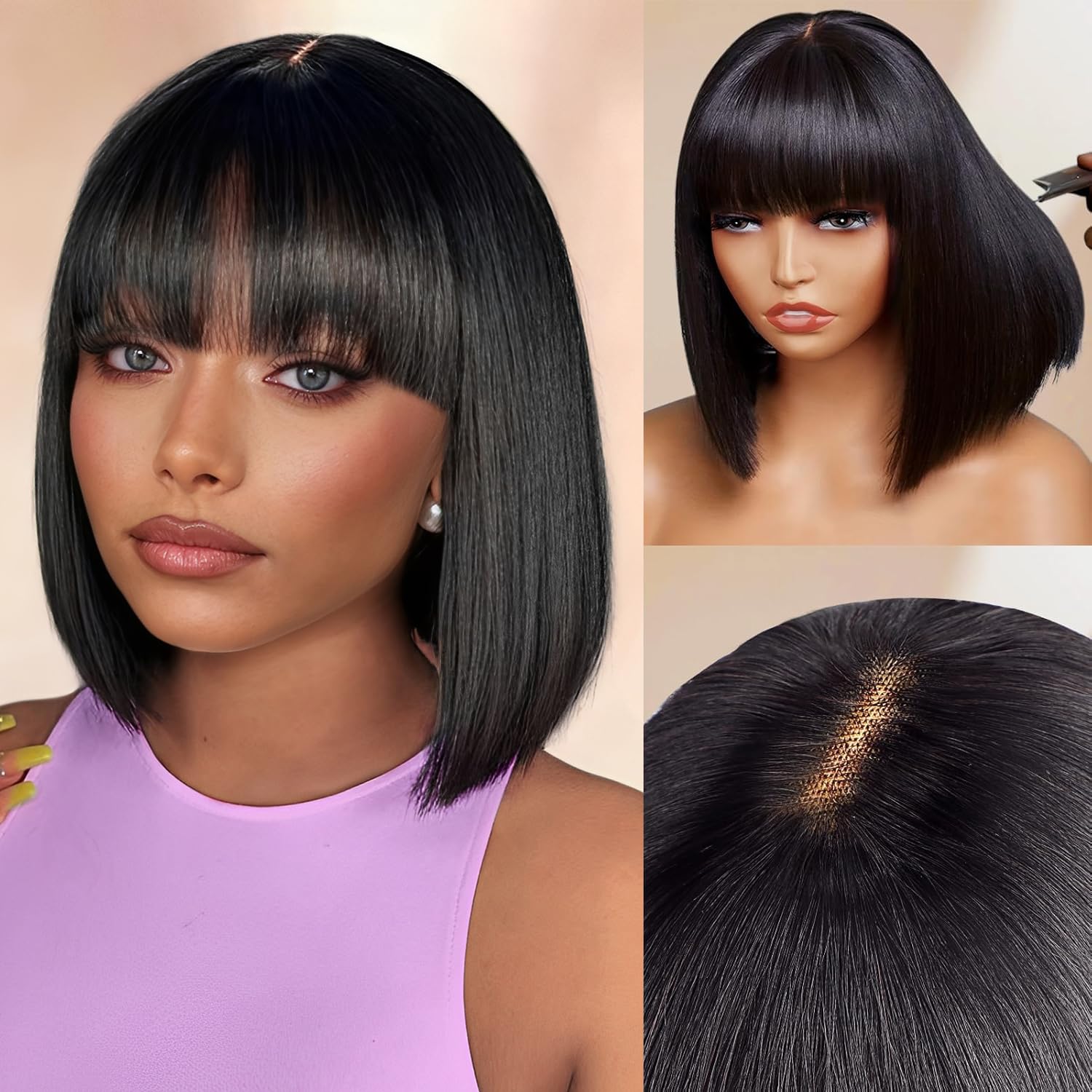 [Live only]ShowReal Short Bob Wig Human Hair Glueless HD 3X1 Lace Closure Human Hair Bob Wig With Bangs For Black Women Ready to Wear and Go Wigs for Women Beginner Friendly (10Inch)