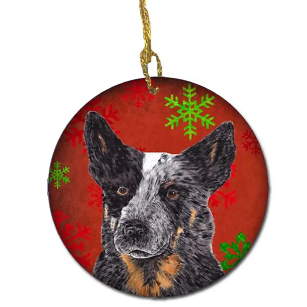Small Australian Cattle Dog Red Snowflakes Themed Ceramic Ornament, Festive Christmas Holiday Home Decor Gift