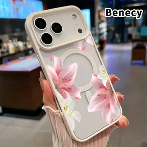 Lily Elegance Bloom Pattern Magnetic Phone Case for iPhone 17 16  Pro Max Plus 15 14 13 12 11 Air E Non-Yellowing Clear Crystal Drop-proof Slim Silicone Shockproof Transparent Acrylic Cover Supports Wireless Charging