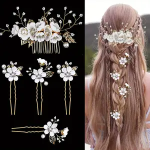 5 Pack Bridal Flower Wedding Hair Pins Crystal Pearl Hair Clips Headpiece Gold Wedding Hair Accessories Jewelry with Rhinestone for Brides Bridesmaids Women Girls Updo (Pure White Flower)