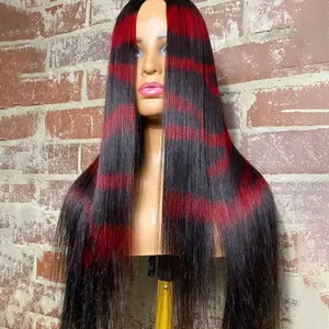 24 Inches 13x4 Ruby Red Zebra Print Straight Lace Frontal Wigs 100% Human Hair