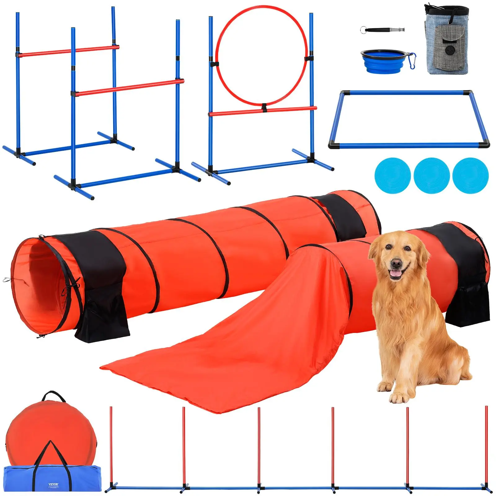 【SummerFinds】VEVOR Dog Agility Training Equipment,  , 7 PCS Set Upgrade w/ Adjustable High Hurdles,6 Weave Poles,2 Tunnels,Jump Ring,Pause Box,3 Frisbee,Whistle,Foldable Bowl,Puppy Obstacle Course Kit w/ 3 Bags, 118.11-Inch Open Tunnel, 23.62-Inch Jum, 23