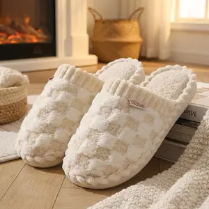 Women's Checkered Indoor Slippers - Comfortable Warm Fabric Upper, Anti-Slip Soft Sole, Household Shoe for Women