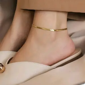 Stainless Steel Herringbone Snake Chain Anklet 14K Gold Plated Tarnish Free Adjustable 20cm Plus 3cm Waterproof Everyday Wear Gift