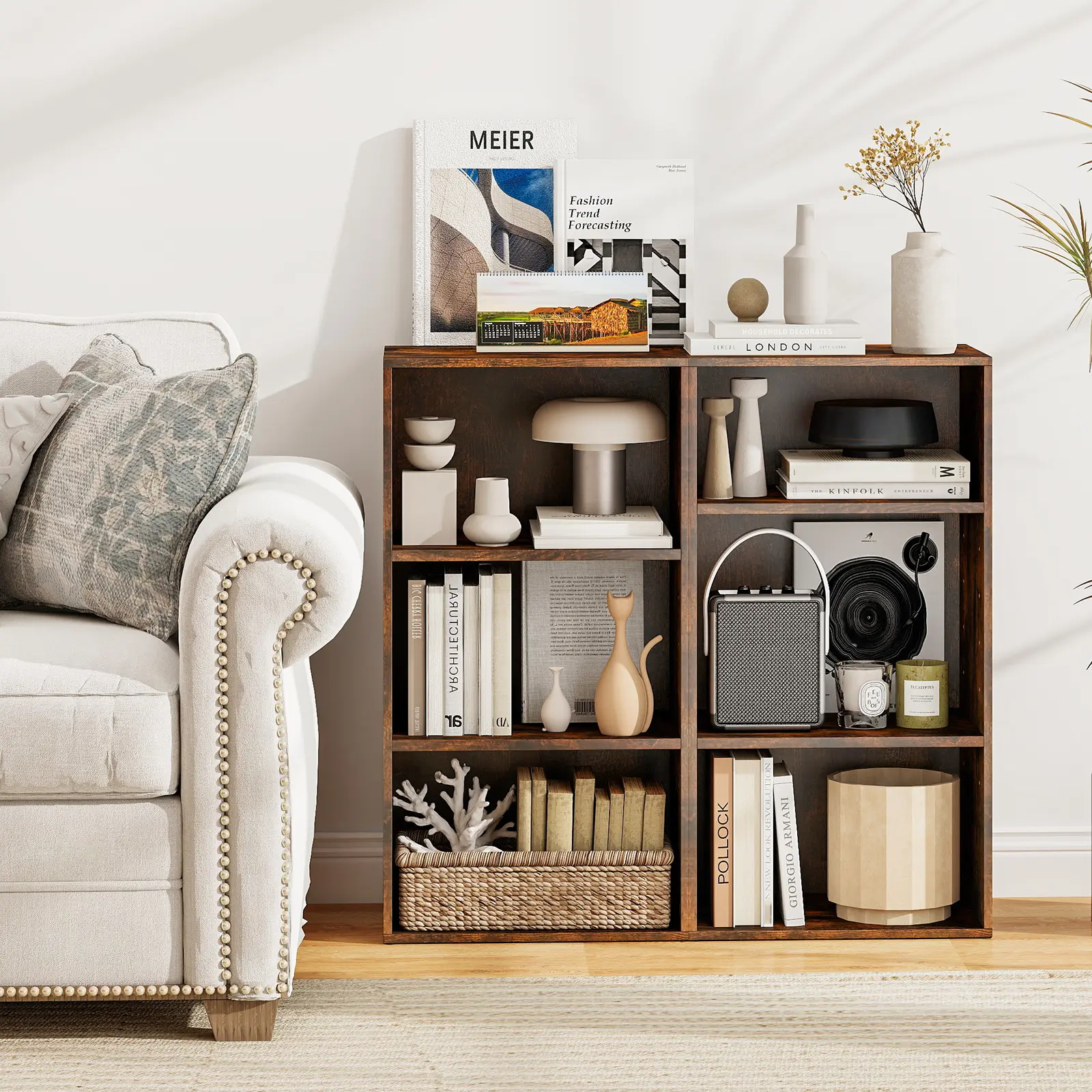 COSTWAY - Set of 2 3-Tier Cube Bookcase with Adjustable Shelves for Home Office-Rustic Brown