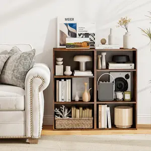 COSTWAY - Set of 2 3-Tier Cube Bookcase with Adjustable Shelves for Home Office-Rustic Brown