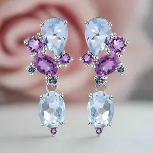 6.31ct Natural Blue Topaz Amethyst Stud Earrings