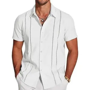 Men's Cuban Guayabera Shirt Short Sleeve Button Down Shirts Casual Summer Beach Linen ShirtsMenswear Soft Top Tropical Beige Shortsleeve Plain