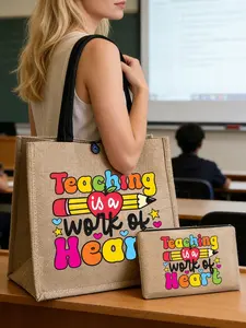Creative Teacher Letter Print Linen Handbag, Casual Tote Bag, Large Capacity with Small Bag, Patchwork Shopping Bag, Ideal Gift for Women