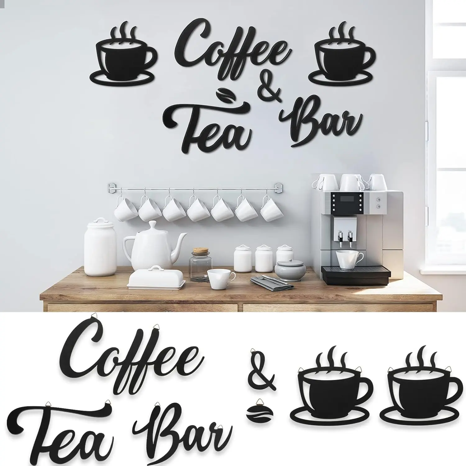 7 count Coffee Bar Sign Rustic Wall Decor Art Wooden Sign with Coffee Beans and Cups Decor for Bar Counter Home Office Kitchen