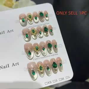 10pcs high-end Luxurious Grandmother Green handmade coffin French tips fake nails, Short and elegant nail patches for ladies handmade fake nails Glossy False Nails