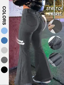 Women's Bell Bottom Flare Jeans Mid Rise Denim Pants Destroyed Raw Hem Denim Pants Casual Fashion Denim