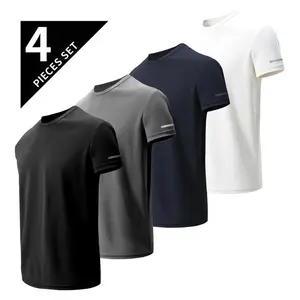 Men's 4-Pack Quick Dry Athletic T-Shirts - Black, White & Navy Blue Solid Colors - 4-Way Stretch Moisture-Wicking Breathable Fabric - Perfect for Gym, Running, Sports & Daily Wear - S-2XL Sizes