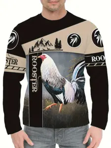 Men's Fashion Long Sleeve Round Neck Pullover T-Shirt, Rooster Pattern, Casual All Season Wear, Slim-Fitting, Spring & Fall