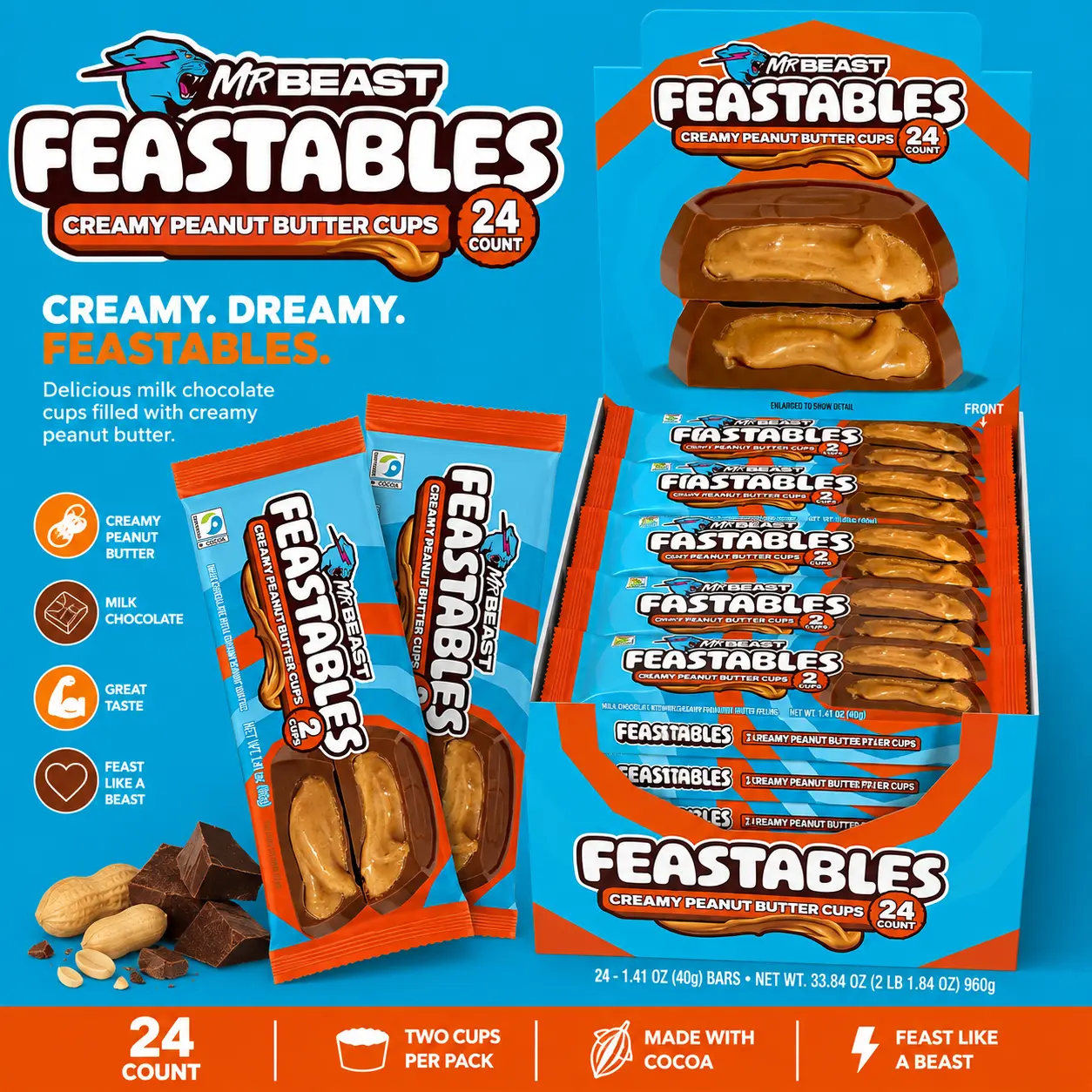 Feastables MrBeast Chocolate Peanut Butter Cups 24 Count Milk Chocolate Peanut Butter Candy