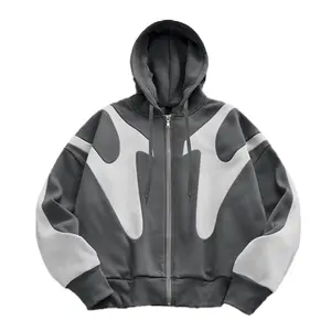 Grey and White Patchwork Hooded Zip Up Sweatshirt Street Cool Style Eye Catching Color Block Design Loose Fit for Autumn Winter Outings Menswear Student Long Sleeve Casual Man Zipper Tops Stylish Student Pullover fathersdaygift