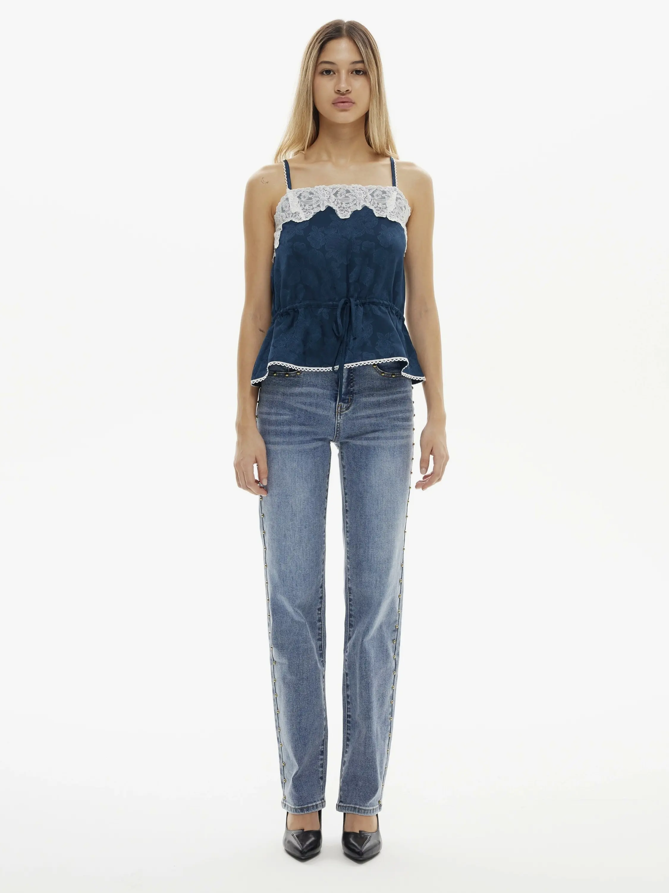 BLEU Women's Super Stretch Beaded Straight Leg Jeans, Plain Vintage Washed Denim Bottoms for All Season Wear, Basic, Low Rise, All Seasons, Cotton Denim, Vintage Street, Minimalist