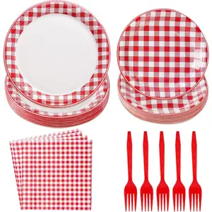 96Pcs Red and White Gingham Party Decorations, Red White Buffalo Checked Plaid Plates and Napkins, Picnic Tableware For Summer BBQ, Picnic, Baby Shower, Birthday, Family Dinner Party Supplies, Serves 24