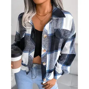 Women’s blue‑grey checkered collared long‑sleeve shirt jacket, suitable for casual wear and for both indoor and outdoor occasions.
