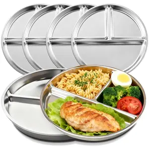 6 Pcs Stainless Steel Divided Plates, TAIMASI 9" Portion Control Divided Metal Plate with 3 Sections, Reusable Plates Round Sectioned Plate for Kids Adults Lunch, Picnic