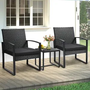 3-Piece Wicker Patio Bistro Set Rattan Conversation Set with Glass Coffee Table Beige Cushions for Balcony Patio Garden Outdoor Spaces