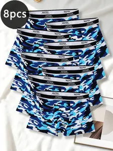 8-Pack Men's Underwear, Camo Print Boxer Briefs, Men's Camouflage Boxer Briefs, Soft & Comfortable Men's Trunks.