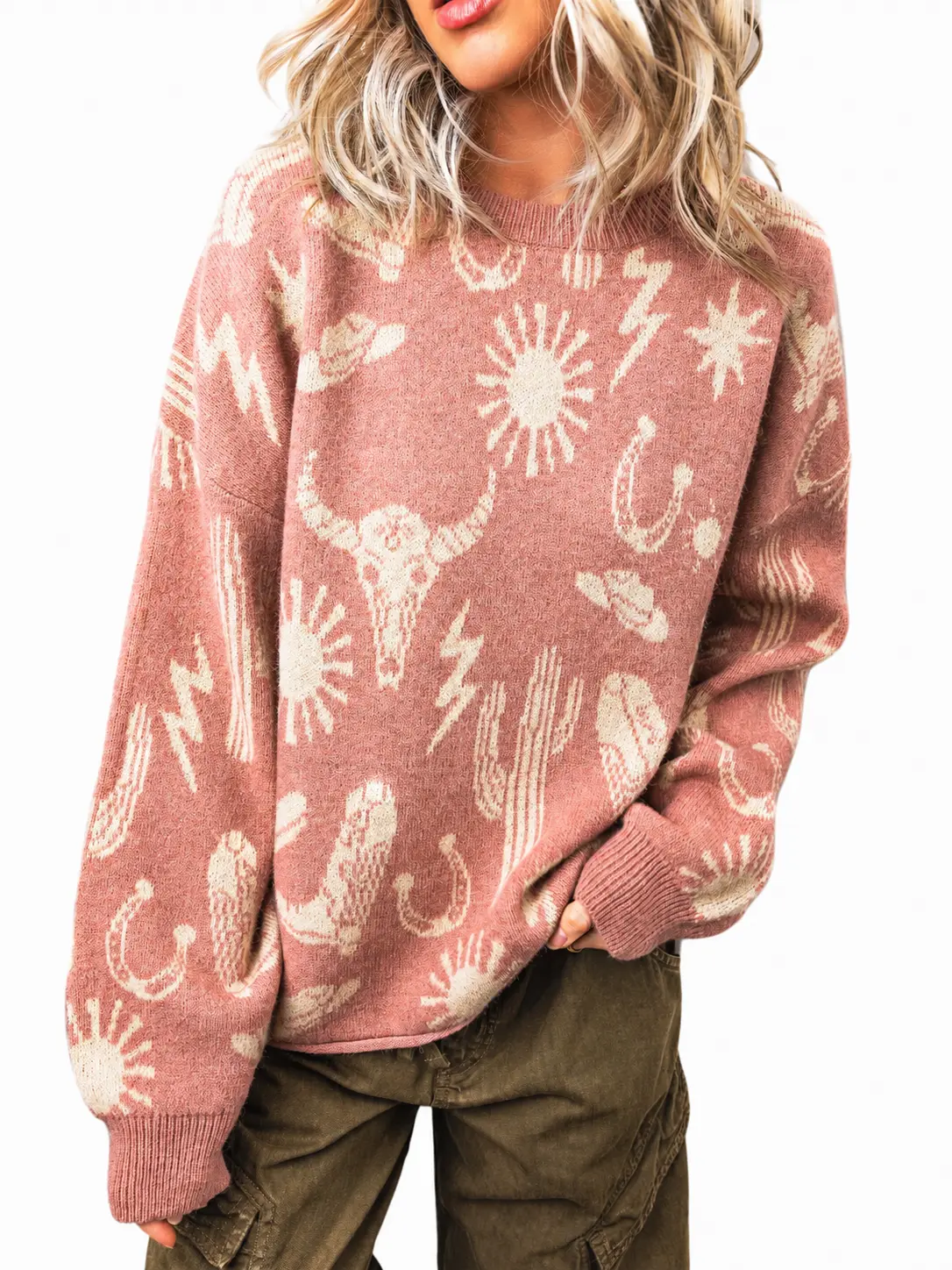 Women's Western Graphic Sweater Peach Blossom Drop Shoulder Crew Neck Long Sleeve Knit Pullover Top