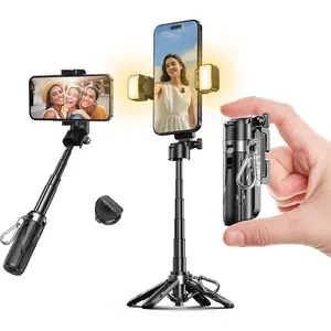 Portable Selfie Stick Tripod with Dual Fill Lights &  Remote - 3-in-1 Pocket Size Phone Tripod with 2 Cold Shoe Mounts for  Android - Mini Video Stand for Live Streaming