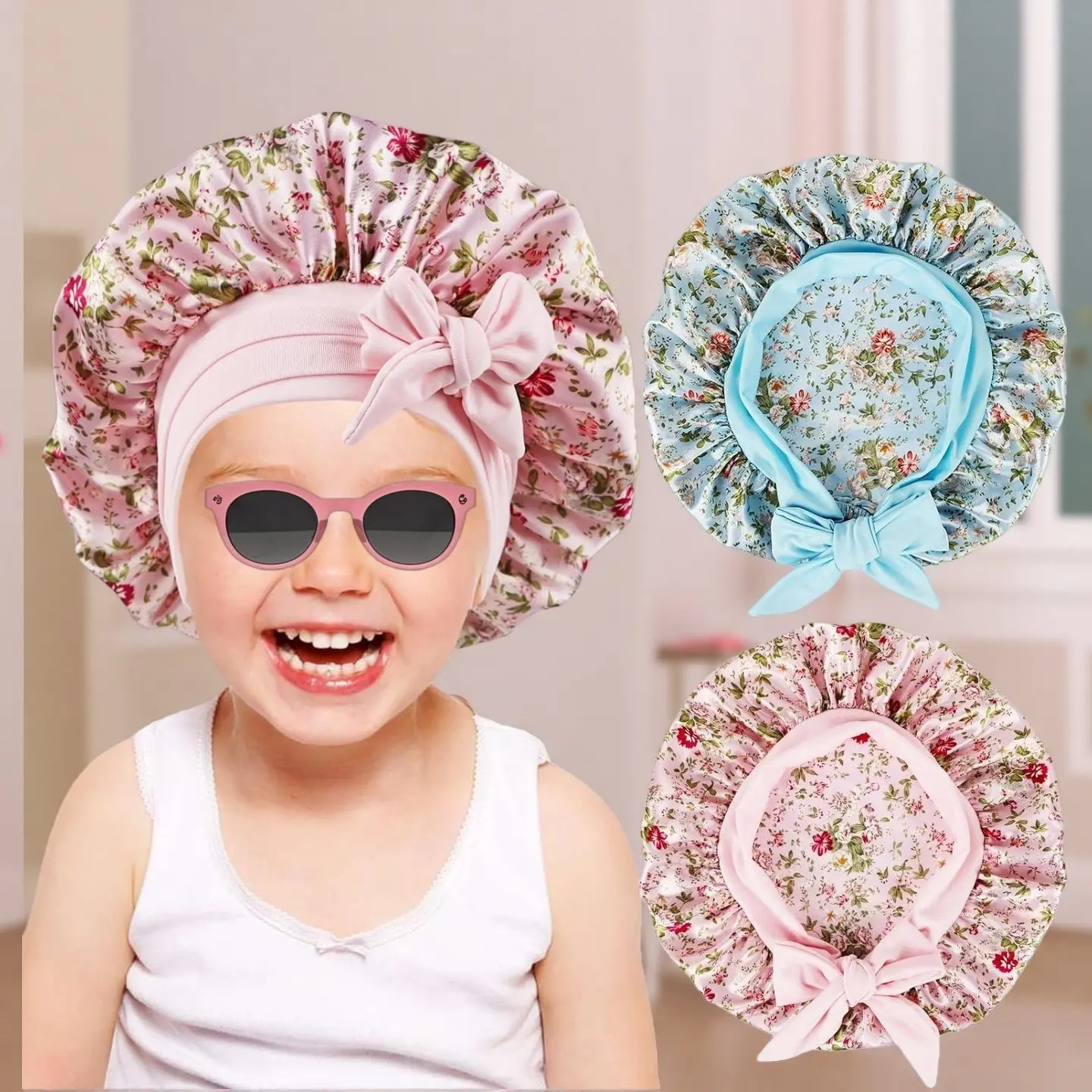 2 Pack Kids Satin Bonnet, Adjustable Single-Layer Sleep Cap for Girls & Boys Nighttime Haircare, Protects Curly Hair from Frizz & Breakage, Textured, Sleep Bonnet
