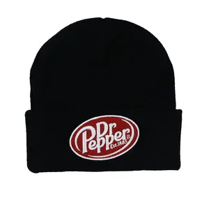 Dr Pepper Soda Pop Beanie Black Knit Fold Cuff Hat Skull Cap with Embroidered Logo OSFM Adult