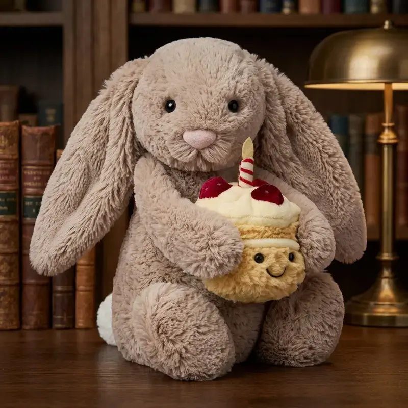 Jellycat Bashful Beige Bunny Birthday Plush, Soft Bunny Rabbit Stuffed Toy with Cake, Adorable Gift for Children, Collectors & Nursery Decor, Keychains