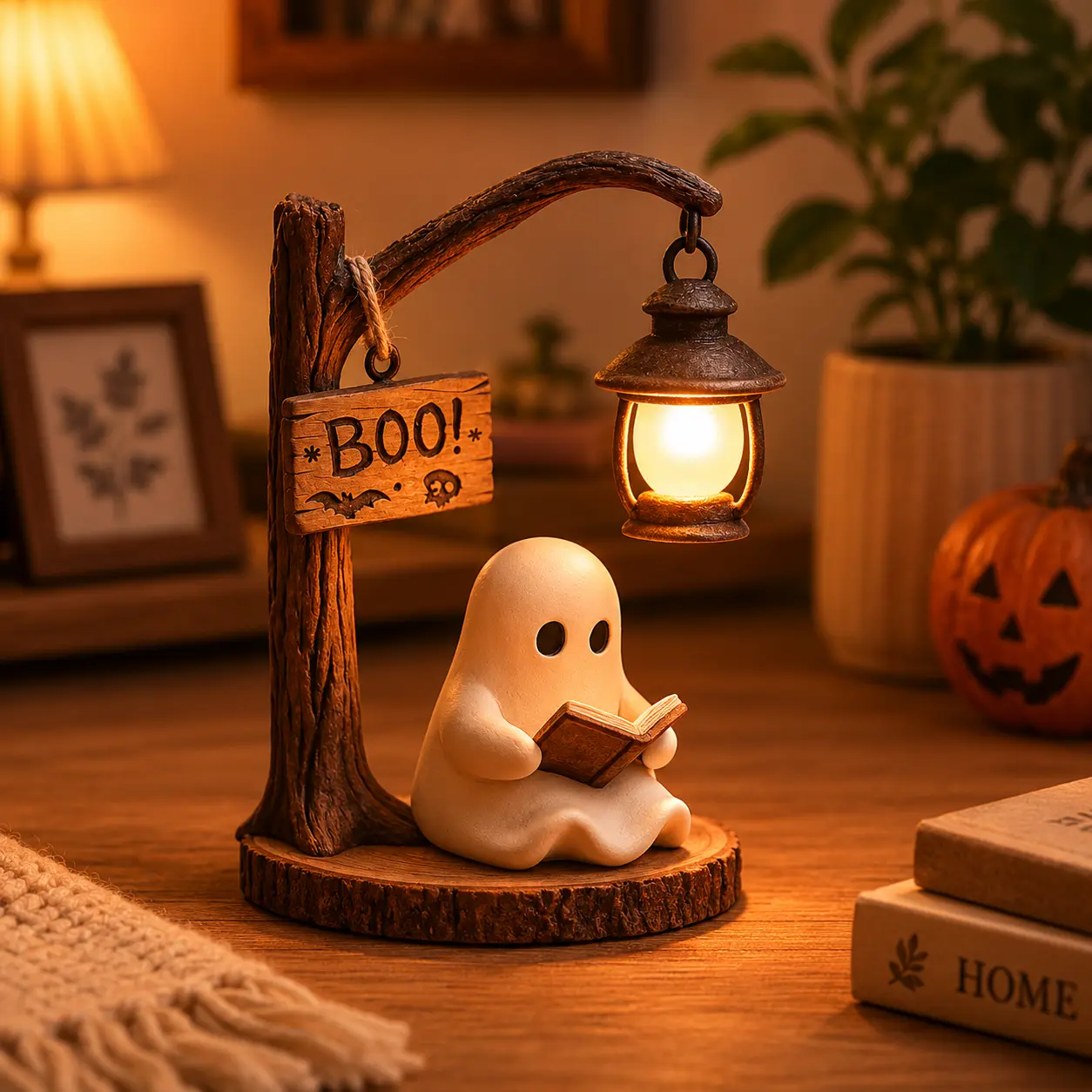 Cute Ghost Reading Resin Night Light - Halloween-themed desktop decoration item - Resin decorative bedside lamp