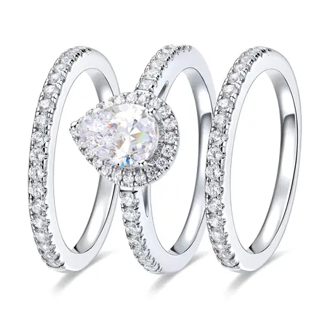 GEMSME 1.5CT Waterdrop Pear Cut Halo Ring Set Cubic Zirconia Wedding Engagement Promise Eternity Rings for Women, Mother 's Day  Birthday Gift Jewelry Sizes 5-10 3-in-1 R-1014