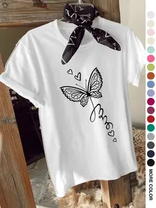 Casual Streetwear Women's T-Shirt   Wing Patterns, Love, Heart, and a  Mrs   Floral Print    Letter Print  Round Neck Short Sleeve Printed Top  2-Way Layering/Solo Wear  Spring Summer & Year-Round Everyday Commute-Ready