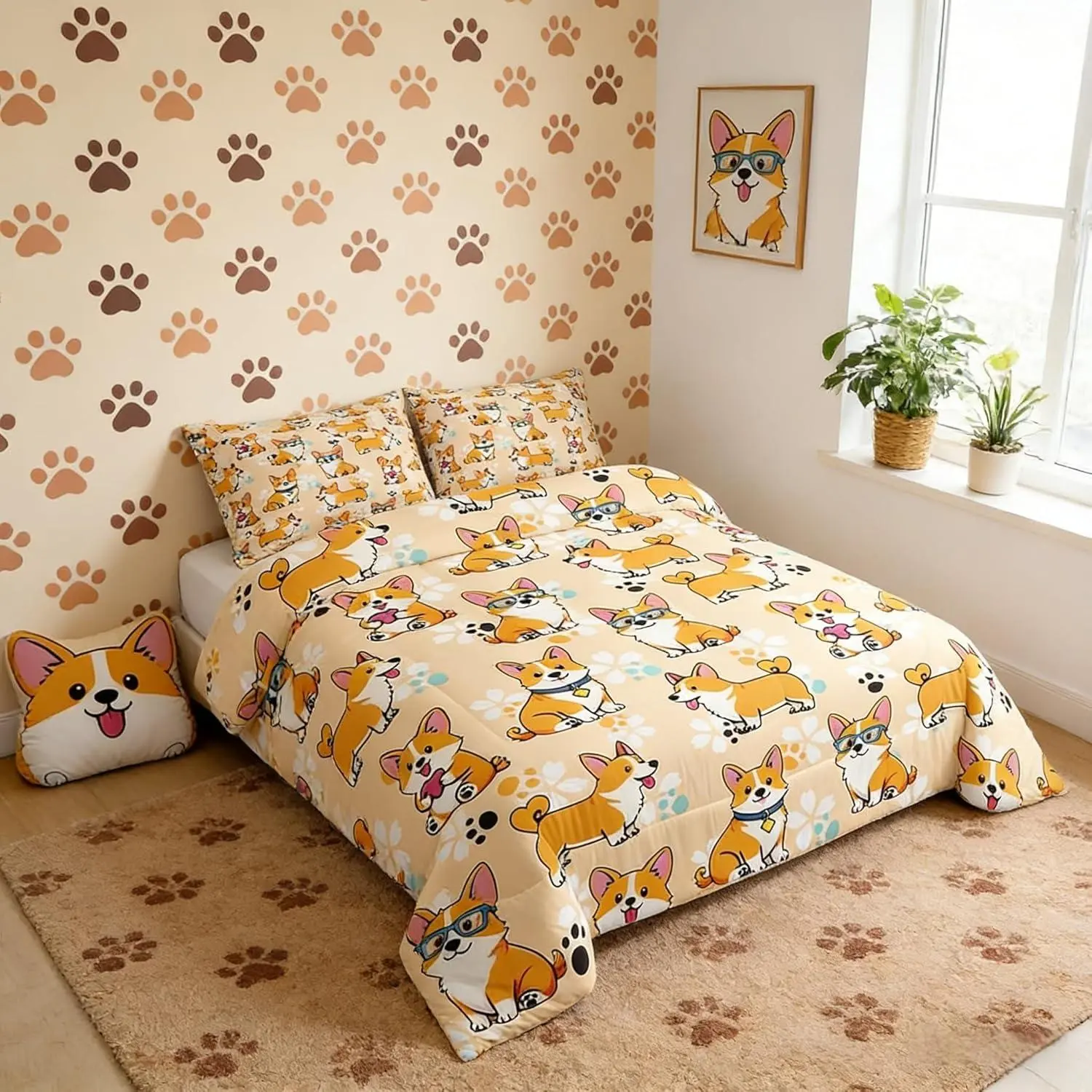 Cute Corgi Comforter Set,Cartoon Dog Paw Bedding Set for Kids Teens Boys Girls Room Decor,Smiling Dog Quilt Set,Kawaii Yellow Duvet Insert