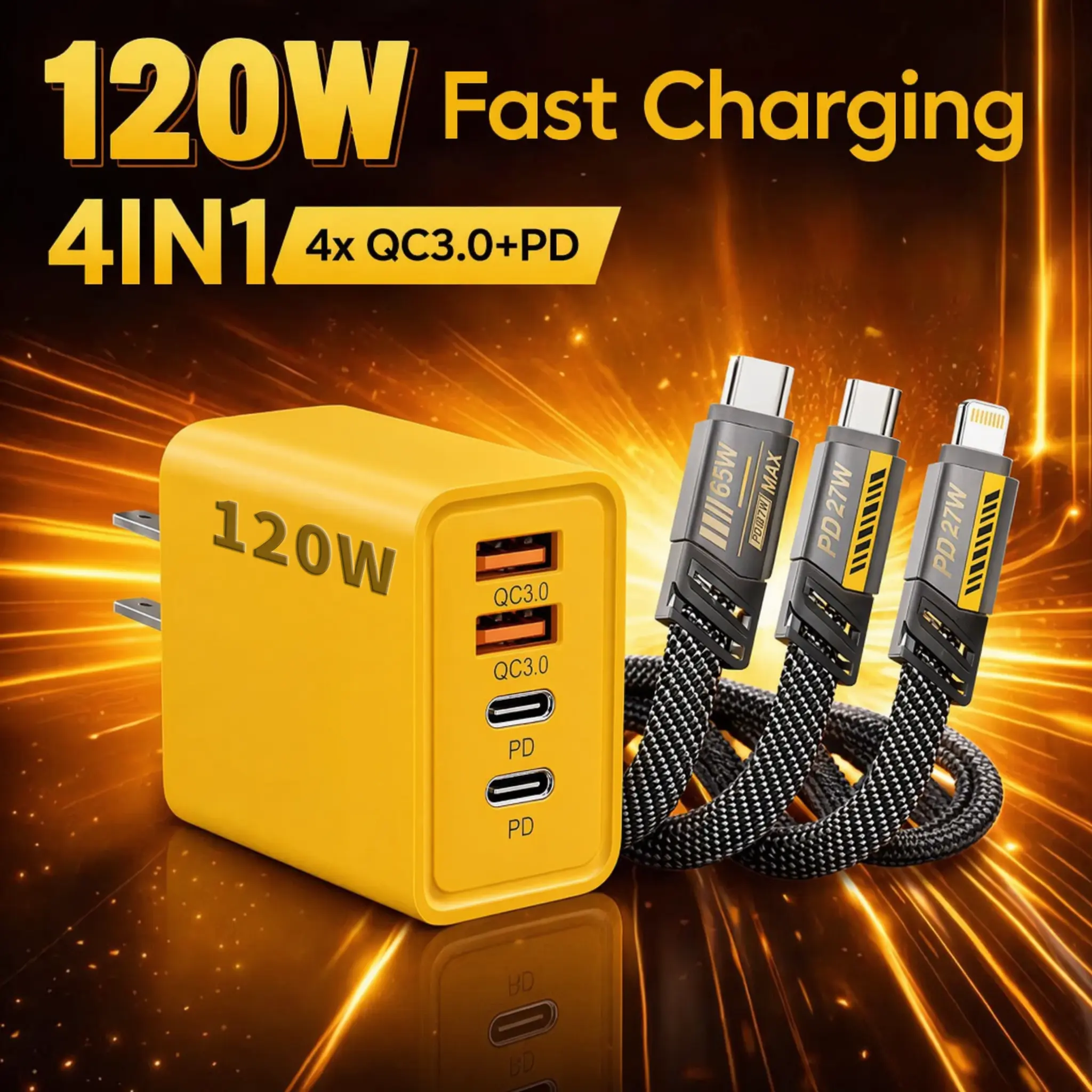 120W Multi-Port Fast Charging Portable Charger with 4-in-1 USB-C/USB-A Adapter & 3ft Cable, Compatible with iPhone 17/16/15/14/13/12 Pro Max, iPad, Samsung Devices
